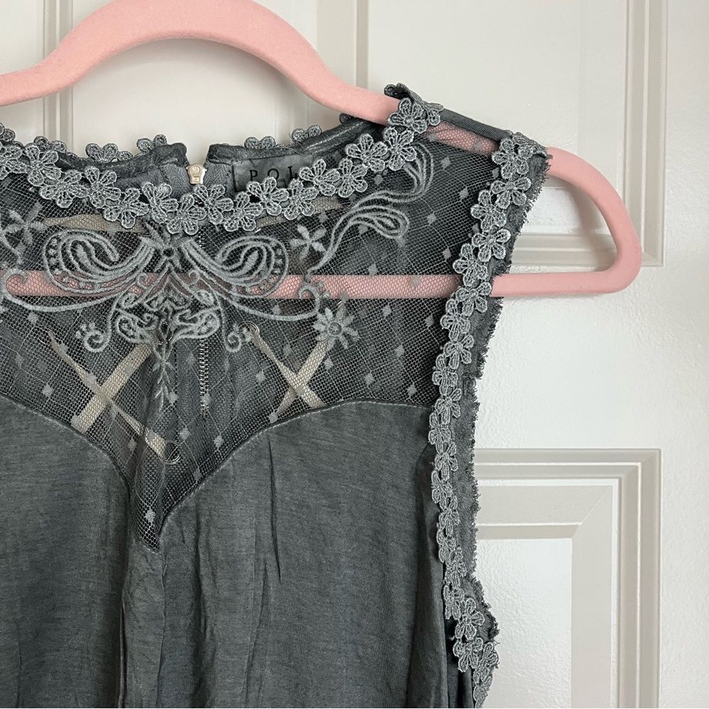 NEW Pol Boho Lace Acid Wash Back Lace Tie Zip Tank Grey Medium Whimsigoth Witchy - Picture 3 of 7